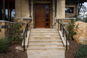 Paver front entry and walkway in Highlands Ranch featuring durable interlocking concrete pavers