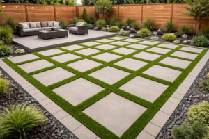 Artificial turf front yard with paver walkway entry in Denver home landscape