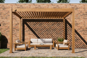 Wood look louvered pergola installed over paver patio with outdoor furniture and landscaping