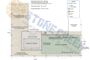 Detailed landscaping design plan showing backyard layout with rock beds, retaining wall, and walkway in Denver