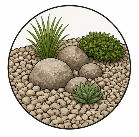 decorative rock bed with pea gravel and low maintenance landscaping