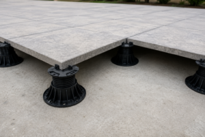 elevated pedestal paver outdoor living space with durable porcelain rooftop pavers