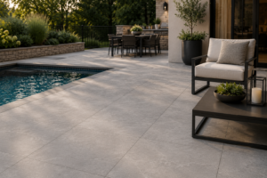 large format porcelain paver patio in backyard with clean contemporary outdoor living design