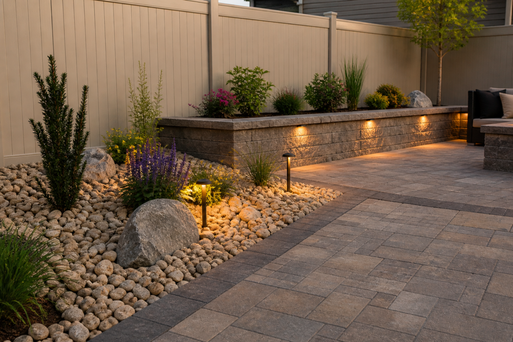 Residential landscaping with retaining wall and gravel area for drainage and clean finish