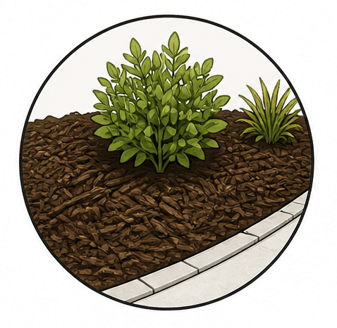 mulch installation in planter bed with clean edging and plants