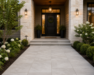 modern porcelain paver front entry walkway with large format pavers and landscaping