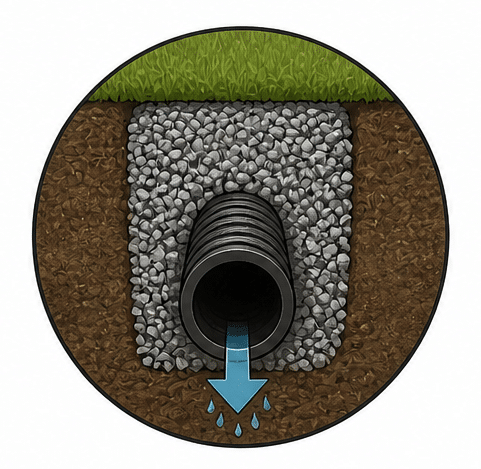 yard drainage system with pipe and gravel for proper water flow